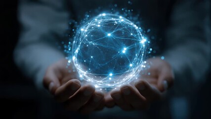 Businessman's open palm holding a glowing, ethereal sphere composed of intricate, interconnected light particles and lines. - Powered by Adobe