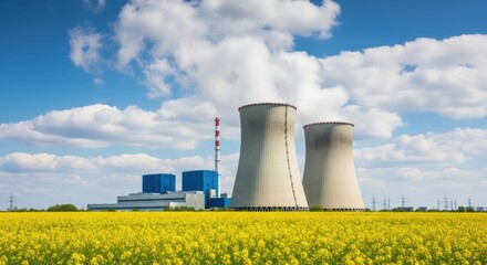 A nuclear power plant stands in a vibrant field of yellow rapeseed flowers, a contrast between industry and nature.