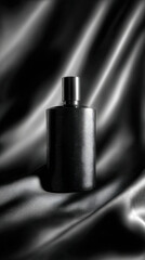 Sleek black perfume bottle with textured surface on smooth, shiny black fabric backdrop, creating an elegant and luxurious atmosphere.