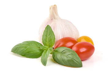 Garlic with Basil and Cherry Tomatoes, isolated on white background