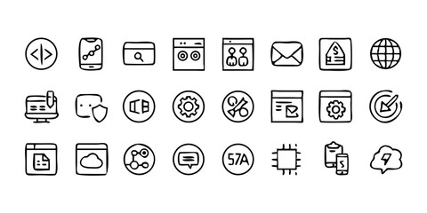  A line-style set of digital marketing web icons. Social media, networking, feedback, communication, marketing, and e-commerce. Vector illustrations.