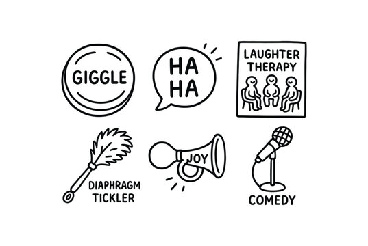 hand drawn cute out doodle style isolated laughter giggle button switch laughter bubble speaker horn laughter therapy group session card laughter diaphragm tickler rod laughter joy horn