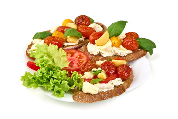 Bruschetta with Tomatoes, cream Cheese, Basil, Lettuce, isolated on white background