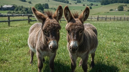 Fototapeta premium Two tiny donkeys enjoying time together on a farm