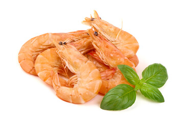 Shrimp Pile and Basil, isolated on white background.