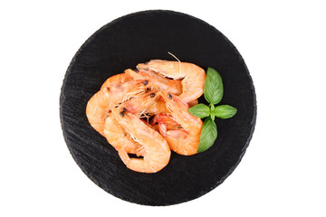 Shrimp Pile and Basil, isolated on white background.