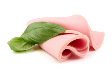 Sliced Bologna with Basil, isolated on white background