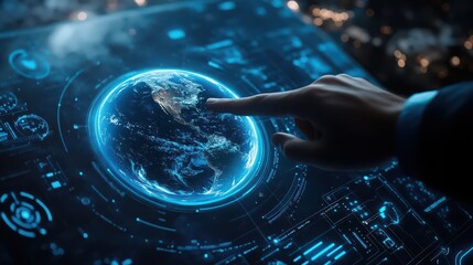 A hand interacting with a holographic projection of earth on a futuristic interface screen