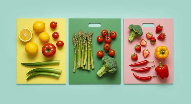Colorful fruits and vegetables are arranged on three different cutting boards, placed on a light blue background. Great food flat lay!