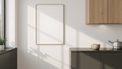 Interior scene showcasing a kitchen with a framed poster in Scandinavian decor, rendered in 3D