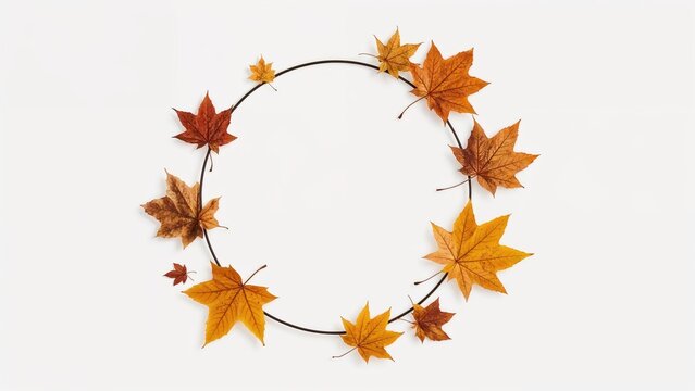 Clean and minimal fall abstract arrangement with an empty round frame and dried maple leaves isolated on white. Representing autumn and Thanksgiving ideas. Flat lay view with copy space.