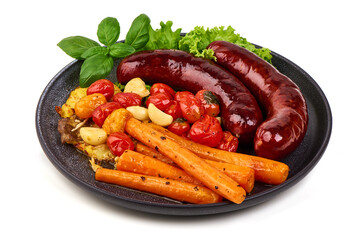 Grilled Sausages with Carrots, Tomatoes, Herbs, isolated on white background
