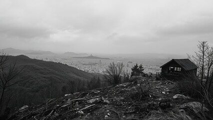 Monochrome landscape of a burned forest on a mountain with a view of the valley and a small cabin in the foreground after a forest fire