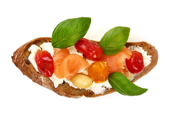 Smoked Salmon Toast with Tomatoes and Basil, isolated on white background