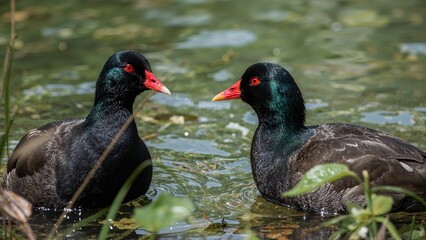 A Moorhen glancing back over its shoulder, showcasing its dark plumage and red beak and crown.