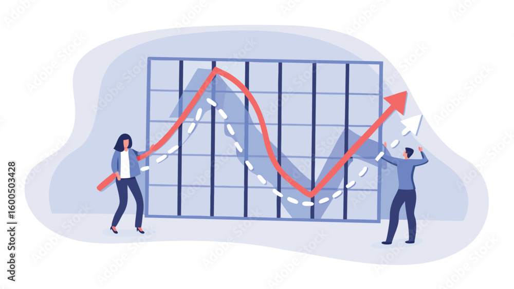 Poster people interacting with a graph showing upward trend with red and dotted white lines displayed on gr