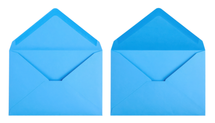 Two blue open envelopes positioned side by side, showcasing their interior flaps and triangular shapes.