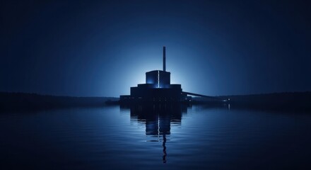 A backlit silhouette of a nuclear reactor building at night, its shape and chimney reflected in the dark, calm water.