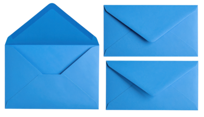 Three blue envelopes, one open and two closed, arranged side by side with clean folds and sharp edges.