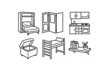 hand drawn cute out doodle style isolated studio apartment Murphy bed studio apartment room divider studio apartment kitchenette unit studio apartment storage ottoman studio apartment loft © Design Ful
