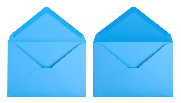 Two blue open envelopes positioned side by side, showcasing their interior flaps and triangular shapes.