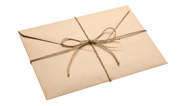 A brown paper envelope is tied with a rustic string bow, giving it a vintage and handcrafted appearance.