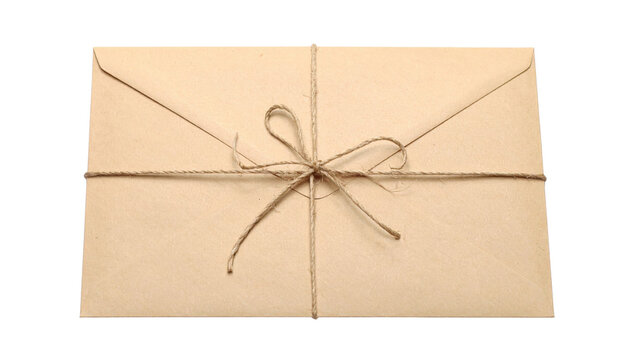 A brown kraft paper envelope tied with rustic twine in a neat bow, showcasing a simple and natural mailing presentation.