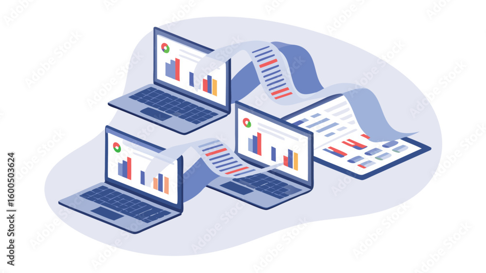 Poster illustration of data transfer between laptops and a tablet with graph and document sharing shown