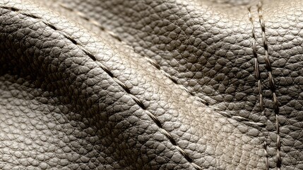 Close-up shot displays seam with double stitching on textured tan leather, capturing detailed craftsmanship and robust material