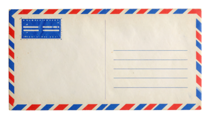 A vintage airmail envelope featuring red, white, and blue striped edges with blue postage markings and lines for the recipient"s address.
