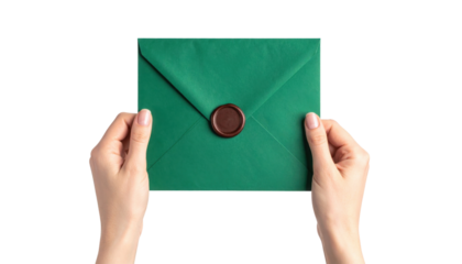 Hands holding a green envelope sealed with a brown wax stamp.