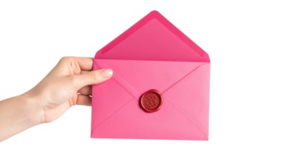 A hand holds a pink envelope sealed with a red wax stamp.