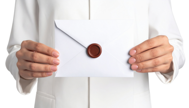 Person wearing a white coat holding a sealed white envelope with a red wax seal in both hands.
