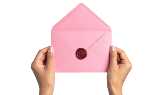 Two hands holding an open pink envelope sealed with a red wax stamp.
