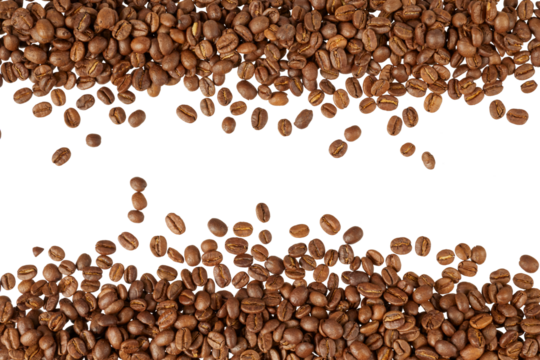 frame border of roasted coffee beans isolated on white or transparent png