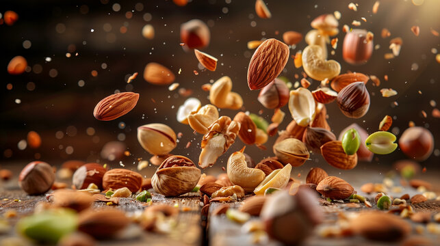 Assorted Nuts Falling onto Rustic Wooden Table in Mid-Air Motion