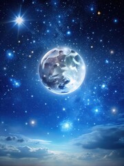 Obraz premium A dark blue sky with a full moon and numerous stars in the background