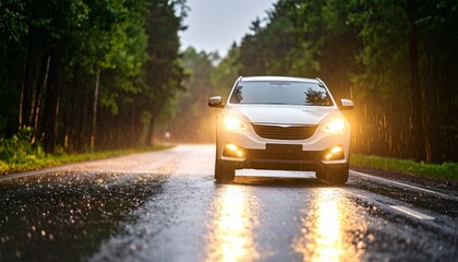大雨の中で光る一台の車のヘッドライト