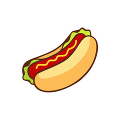 The image above is a colorful cartoon illustration of a classic hot dog. It features a sausage nestled inside a soft bun, topped with green lettuce, bright red ketchup, and a swirl of yellow mustard. 