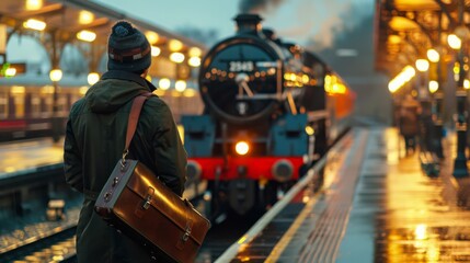 Obraz premium A male traveler watches a classic steam locomotive approach the platform on a rainy evening, creating a nostalgic and warm atmosphere.
