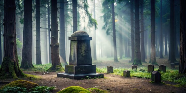 A dark granite monument sits alone in a serene forest clearing surrounded by tall trees and a misty atmosphere