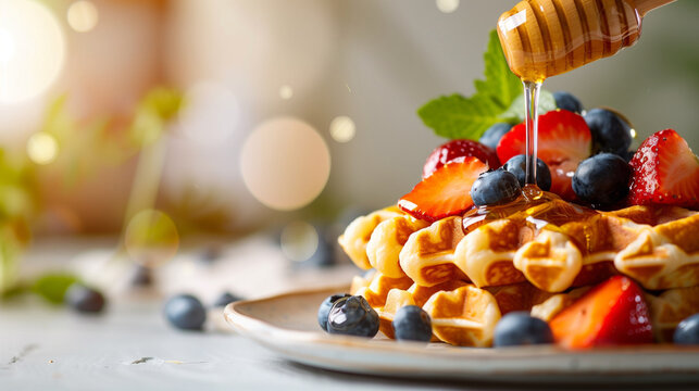 Honey Drizzling Over Waffles with Berries and Mint on Breakfast Table