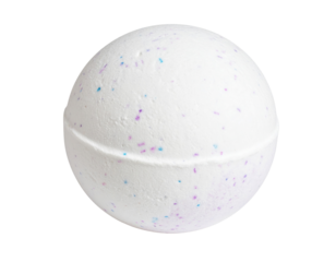 A white spherical bath bomb with small purple and blue speckles and a textured surface.