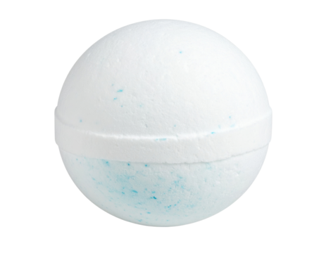 A white spherical bath bomb with blue specks and a textured surface, designed for dissolving in water to create a fragrant, fizzy bathing experience.