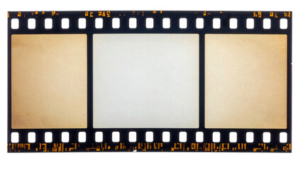 A vintage 35mm photographic film strip with three empty frames and visible sprocket holes along the edges.