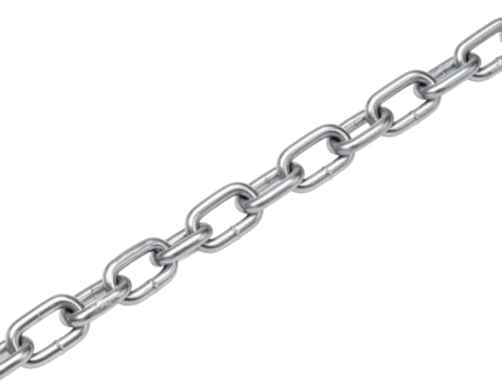 A shiny, silver metal chain with elongated oval links connected in a diagonal line.