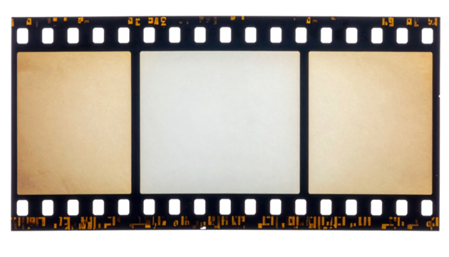 A vintage 35mm photographic film strip with three empty frames and visible sprocket holes along the edges.
