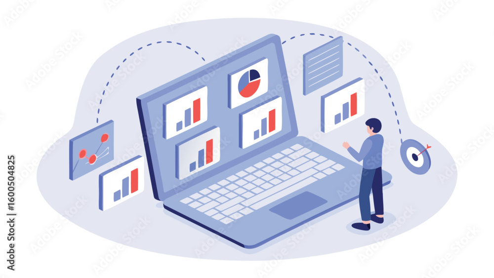 Poster illustration of a laptop displaying various charts and graphs with a person standing near it