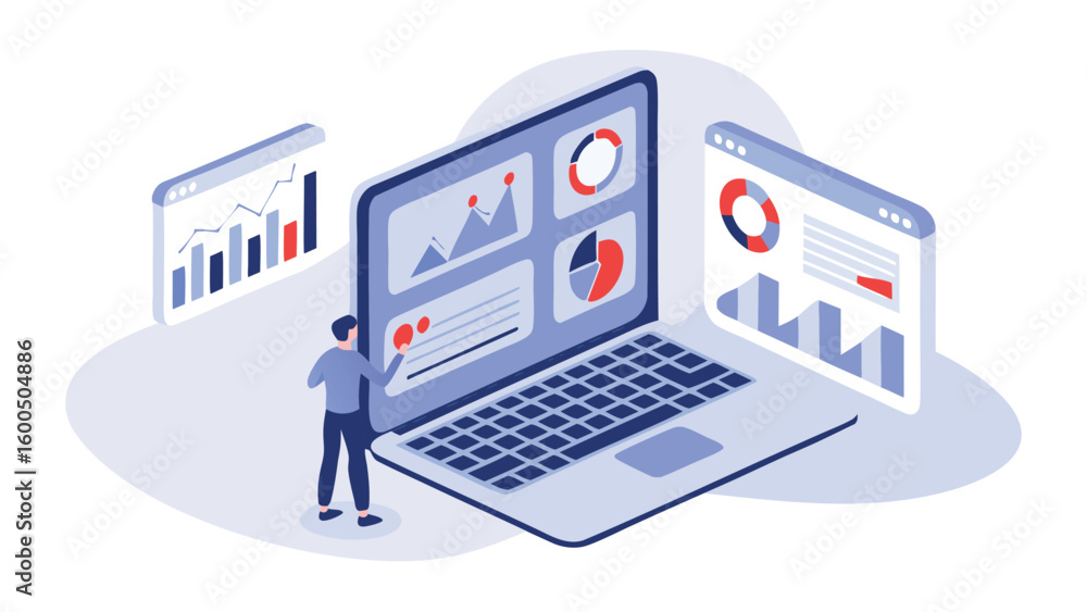 Poster isometric illustration of a person interacting with data dashboards on a laptop and browser windows