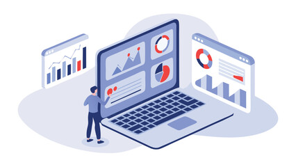 Isometric illustration of a person interacting with data dashboards on a laptop and browser windows